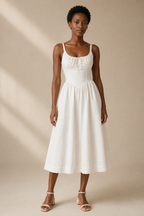 Ivory linen a-line midi dress, full front view, fitted bodice and gathered bust
