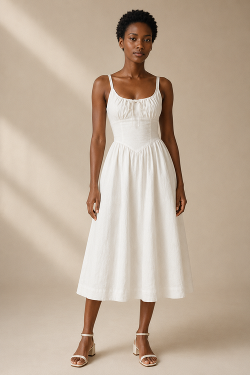 Ivory linen a-line midi dress, full front view, fitted bodice and gathered bust