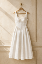 Ivory linen a-line midi dress, hanging on wooden hanger against plaster wall