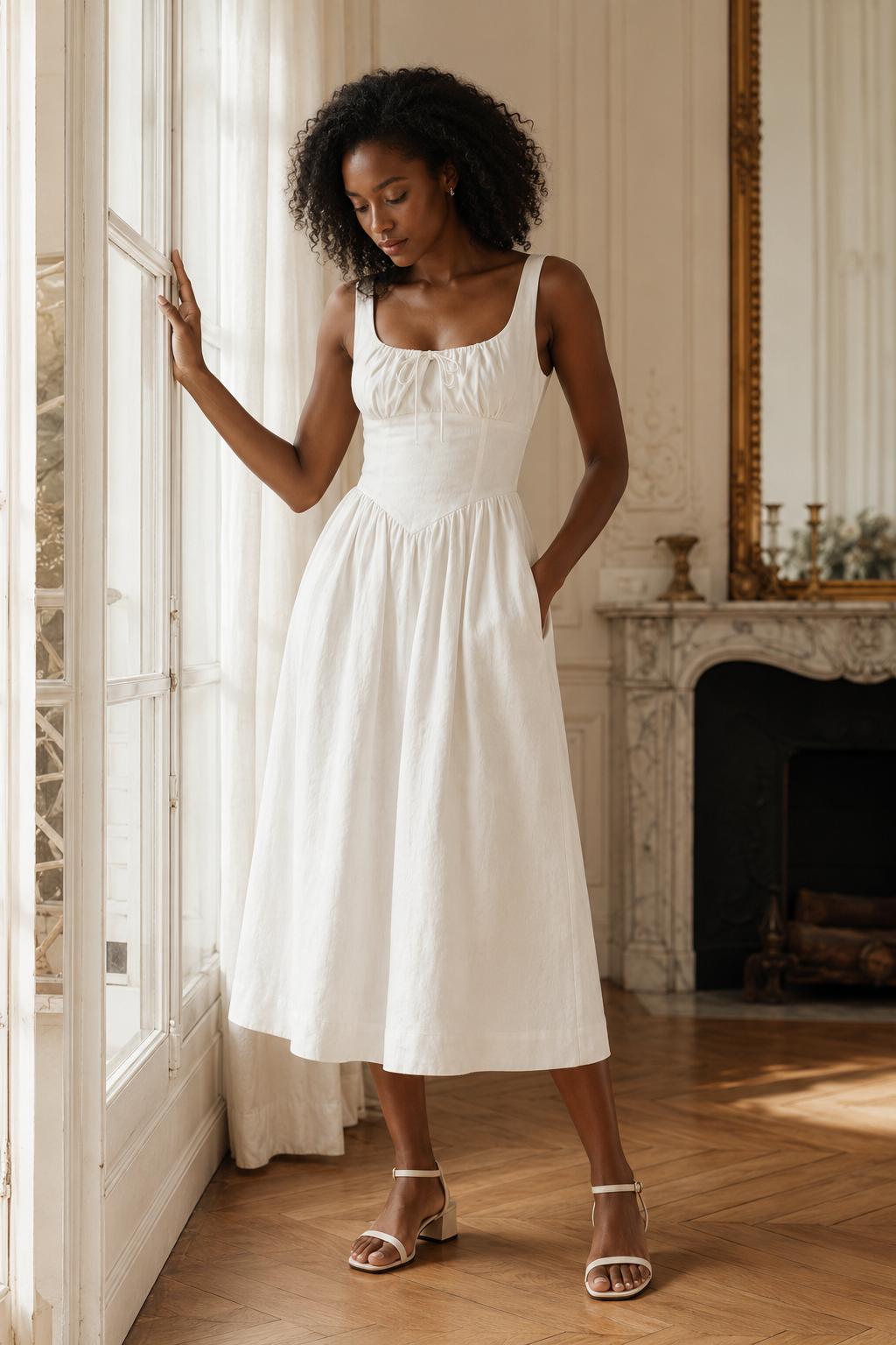 Ivory linen a-line midi dress, front view, square neckline and A-line silhouette