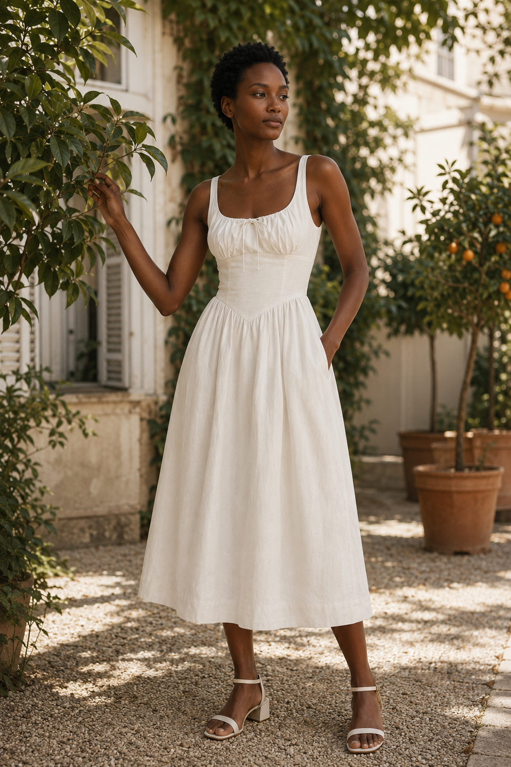 Ivory linen a-line midi dress, lifestyle, strolling in warm light