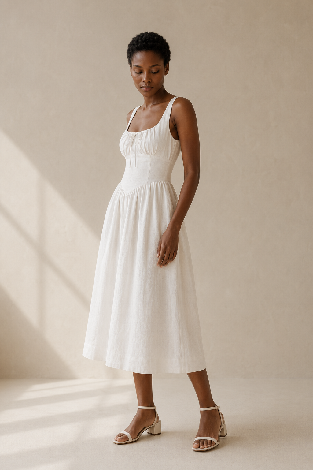 Ivory linen a-line midi dress, three-quarter view, side pockets and flowing skirt