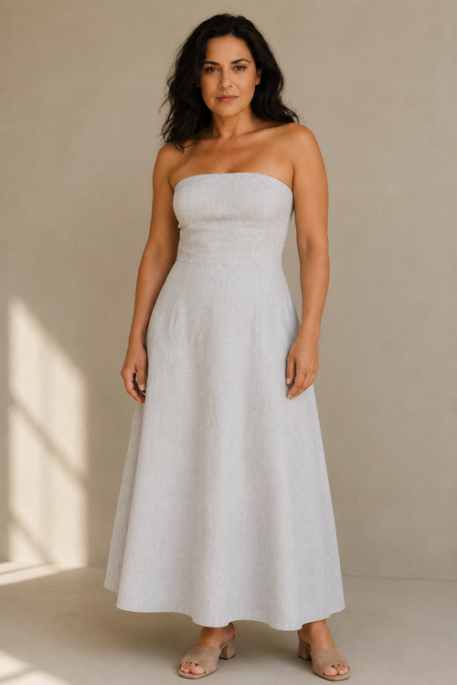 Light grey linen a-line midi dress, full front view, fitted bodice, flowing midi skirt