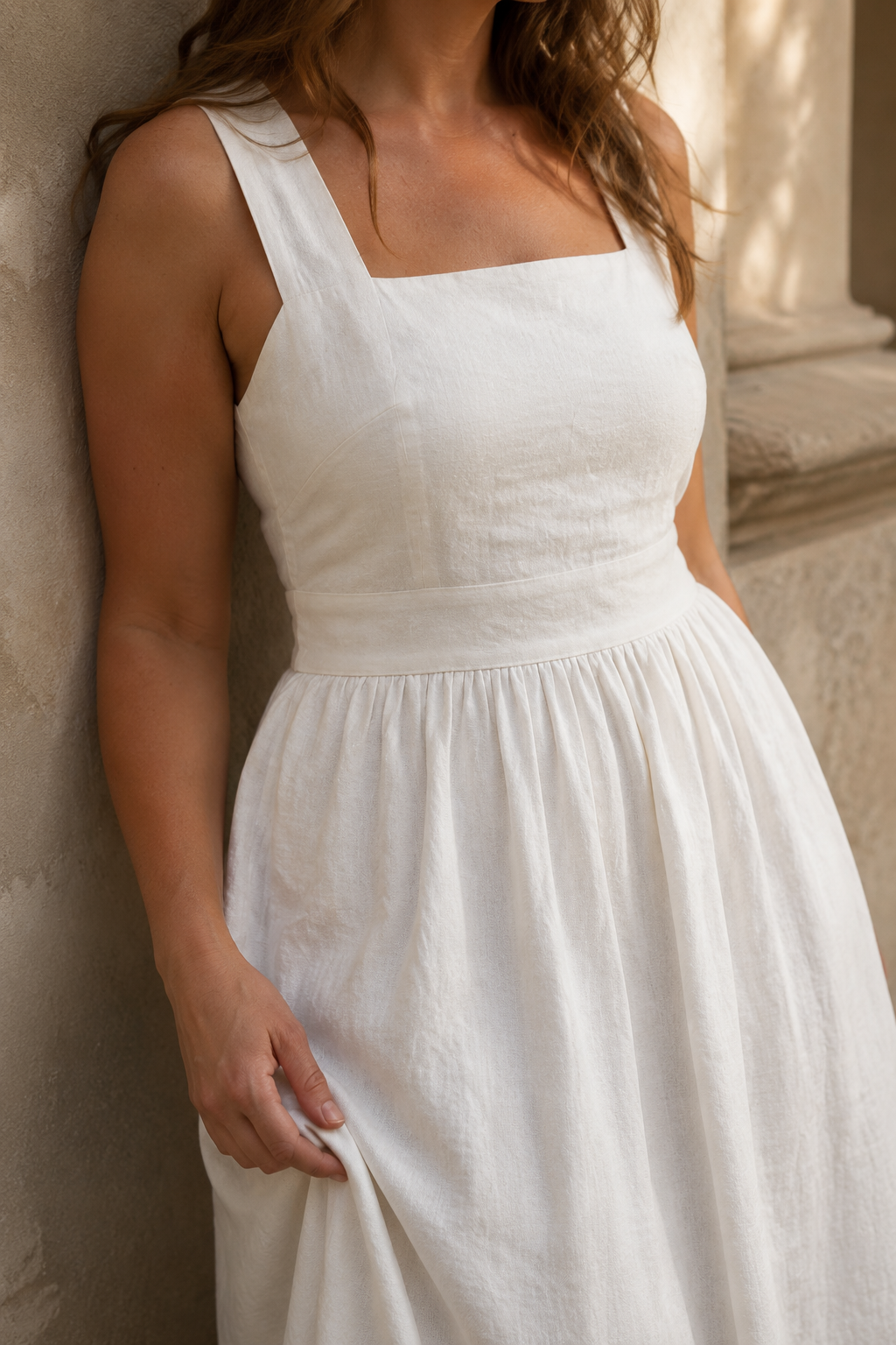 Ivory linen a-line midi dress, fabric detail, flax weave in raking light