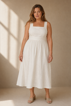 Ivory linen a-line midi dress, full front view, a-line midi skirt and fitted bodice
