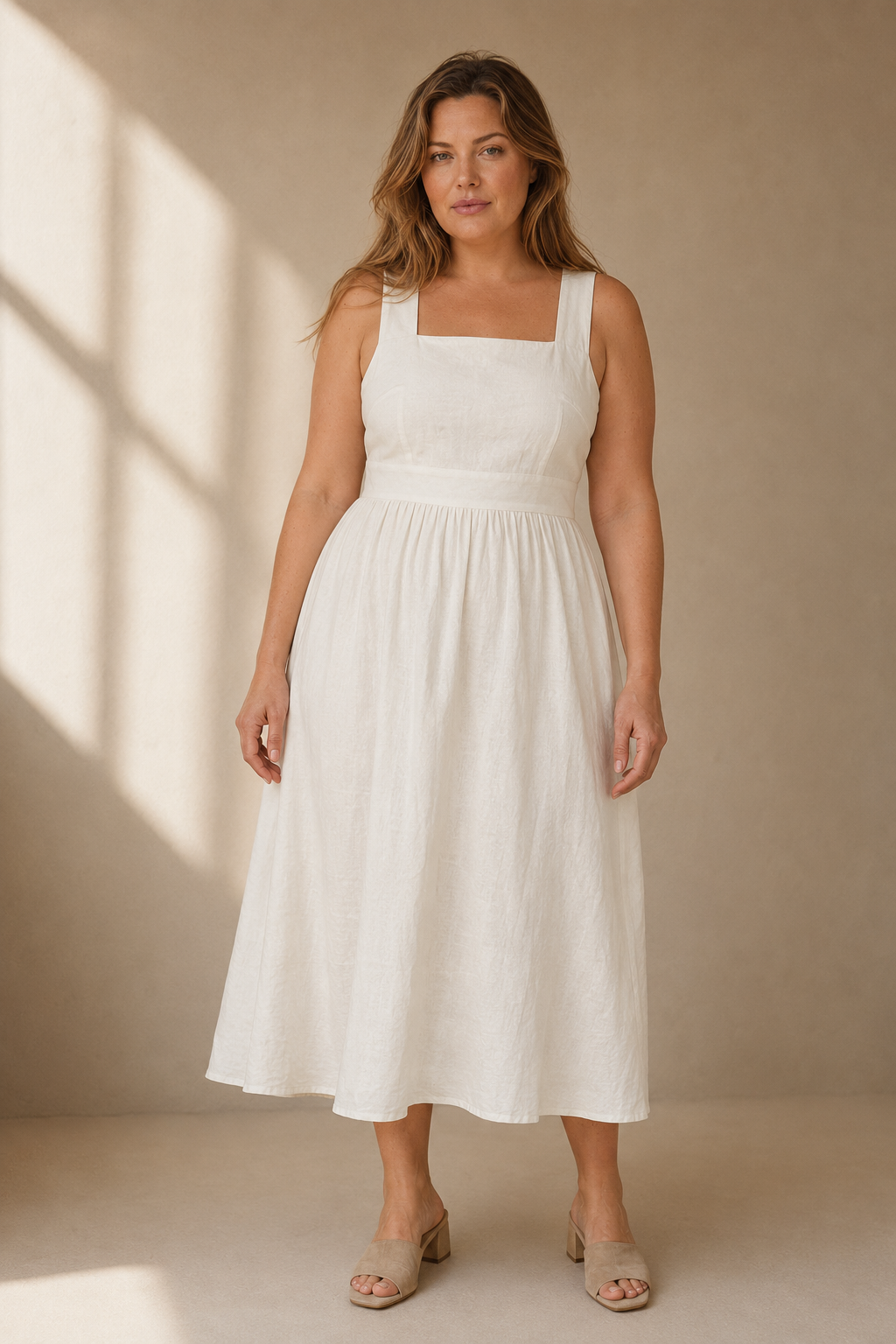 Ivory linen a-line midi dress, full front view, a-line midi skirt and fitted bodice