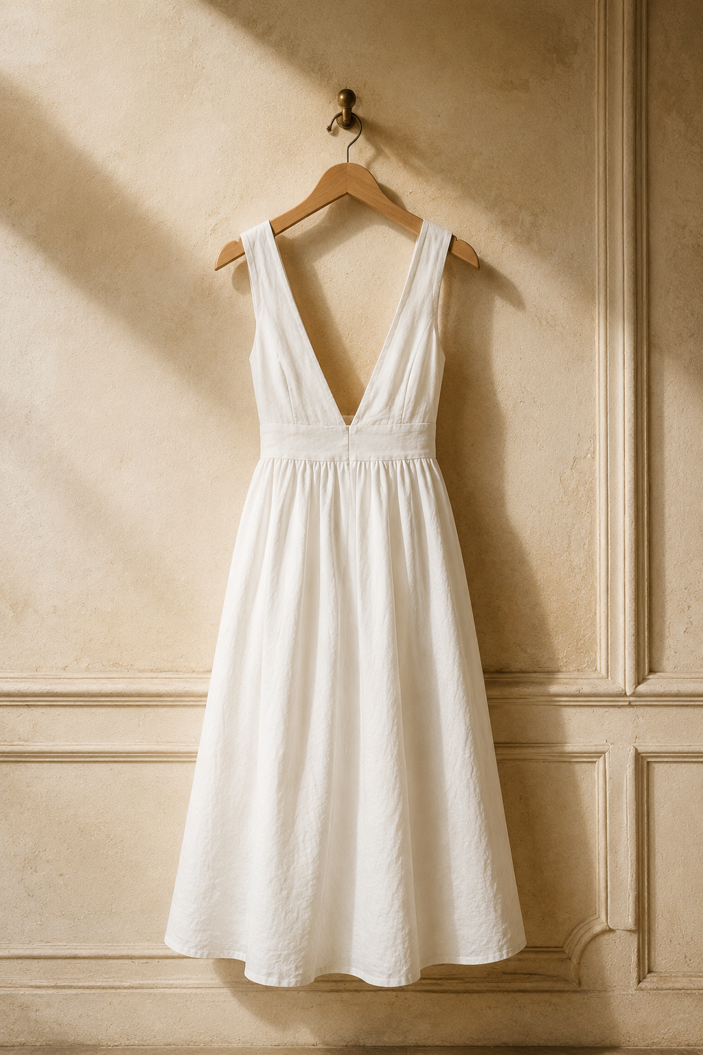 Ivory linen a-line midi dress, hanging on wooden hanger against plaster wall