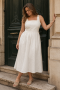 Ivory linen a-line midi dress, front view, square neckline and gathered waist