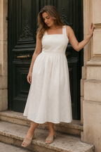 Ivory linen a-line midi dress, front view, square neckline and gathered waist