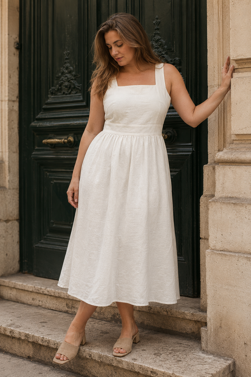 Ivory linen a-line midi dress, front view, square neckline and gathered waist