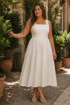 Ivory linen a-line midi dress, lifestyle, relaxed day in natural light