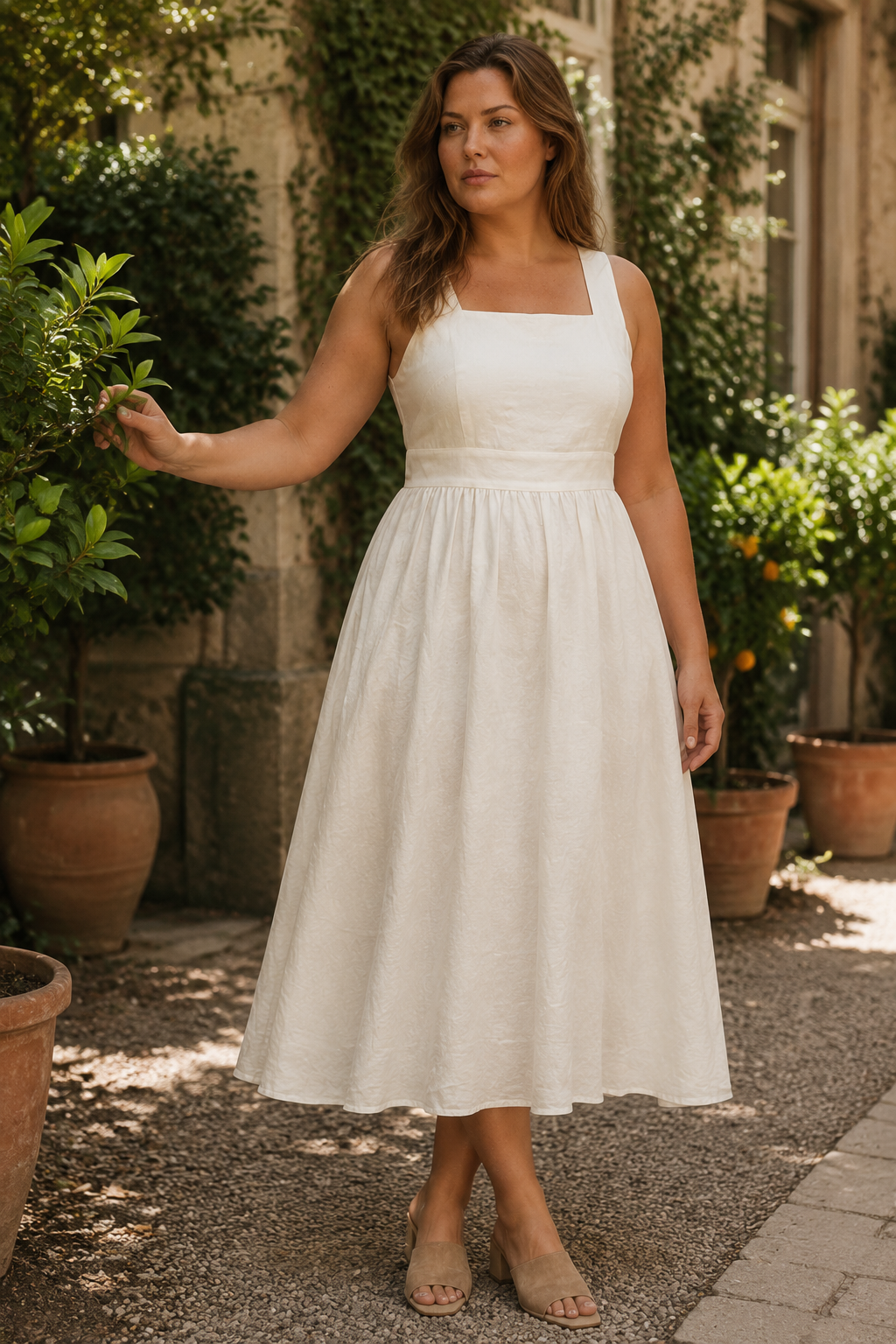Ivory linen a-line midi dress, lifestyle, relaxed day in natural light