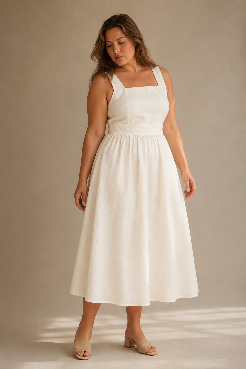 Ivory linen a-line midi dress, three-quarter view, flowing linen skirt and ankle strap sandals