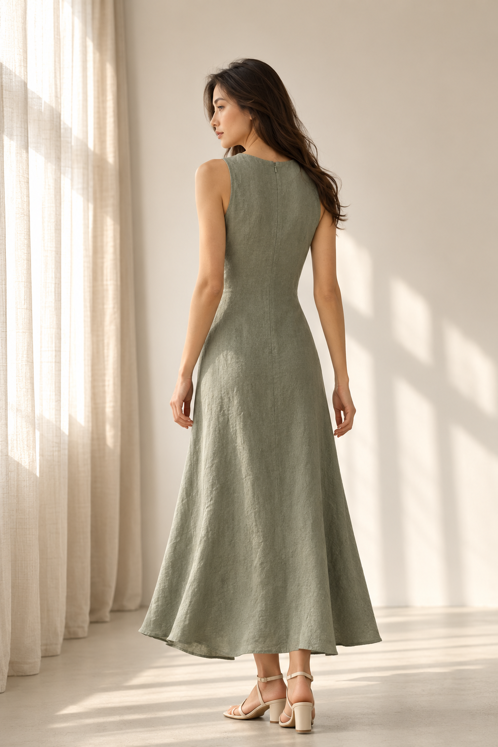 Sage green linen a-line midi dress, back view, clean back, relaxed fit, gentle flare