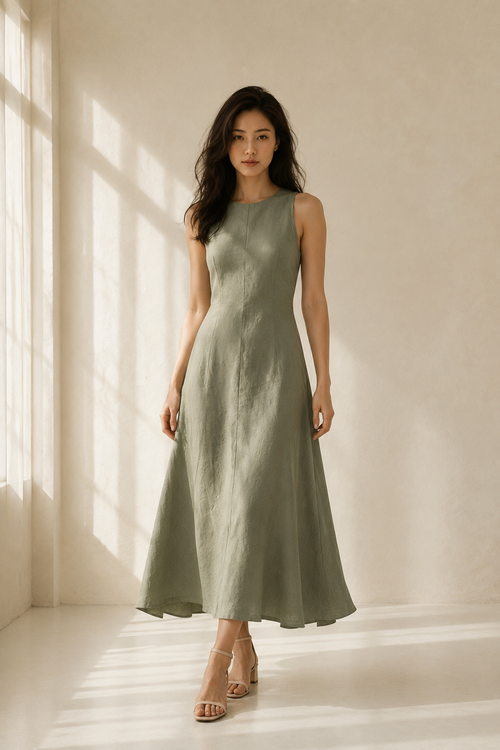 Sage green linen a-line midi dress, full front view, flowing A-line skirt and midi length