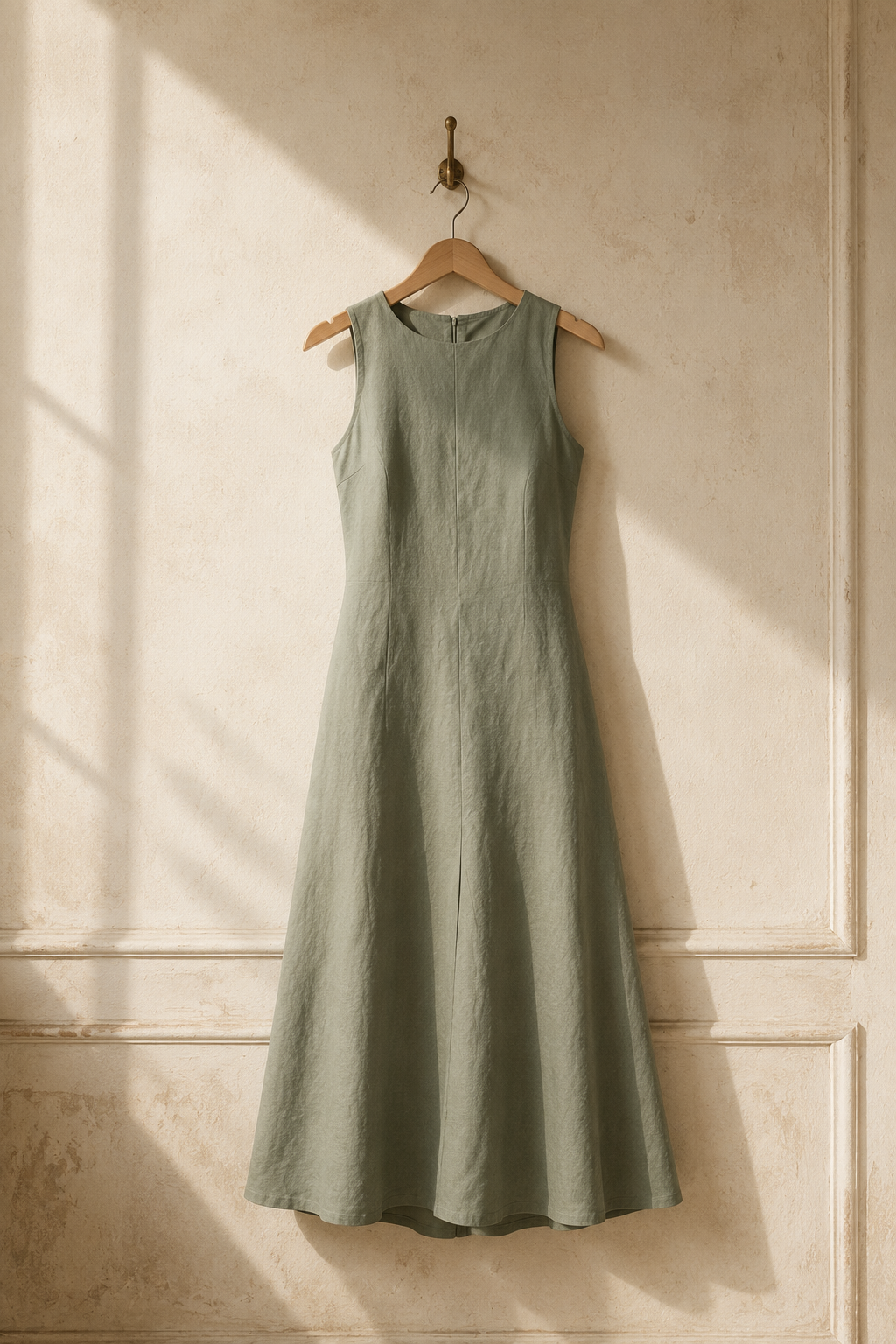 Sage green linen a-line midi dress, hanging on wooden hanger against plaster wall