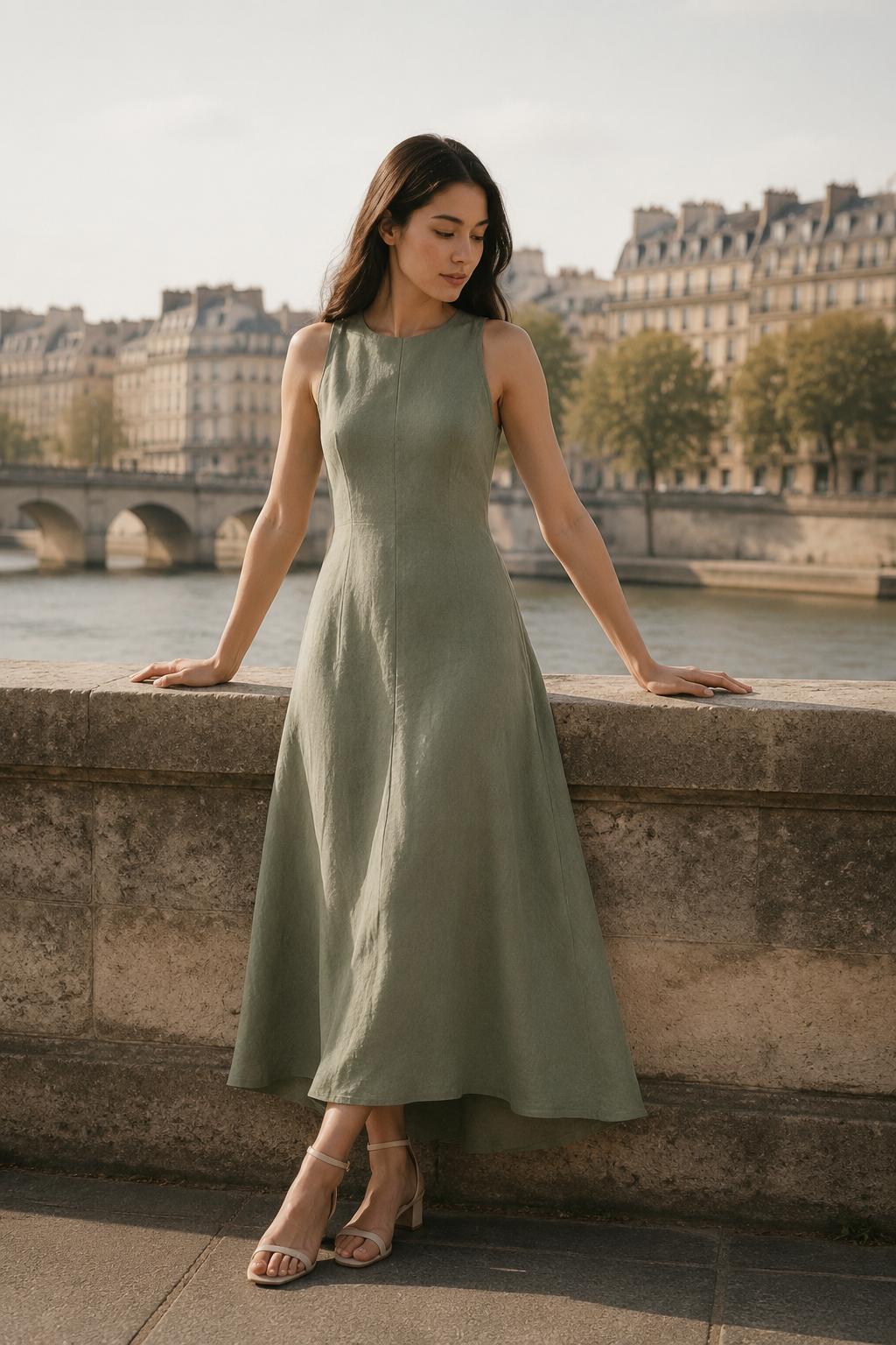 Sage green linen a-line midi dress, front view, sleeveless design with a round neckline