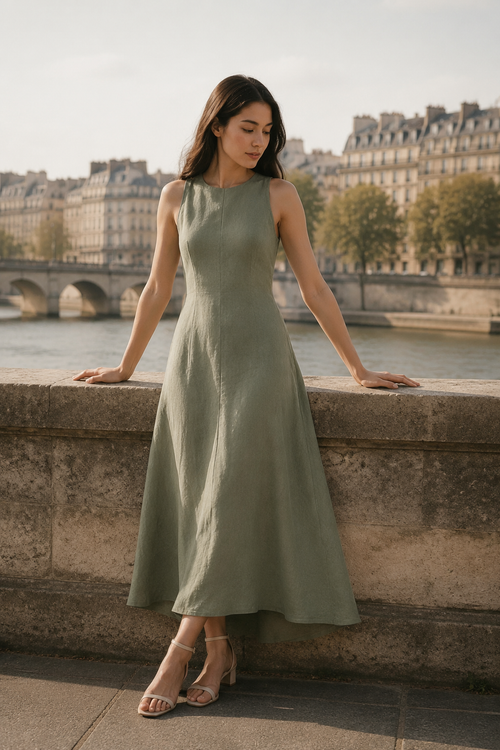 Sage green linen a-line midi dress, front view, sleeveless design with a round neckline