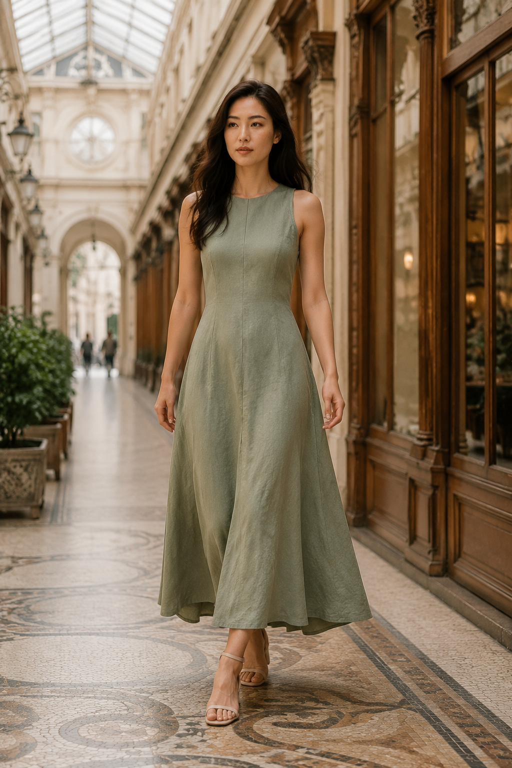Sage green linen a-line midi dress, lifestyle, afternoon light, serene atmosphere