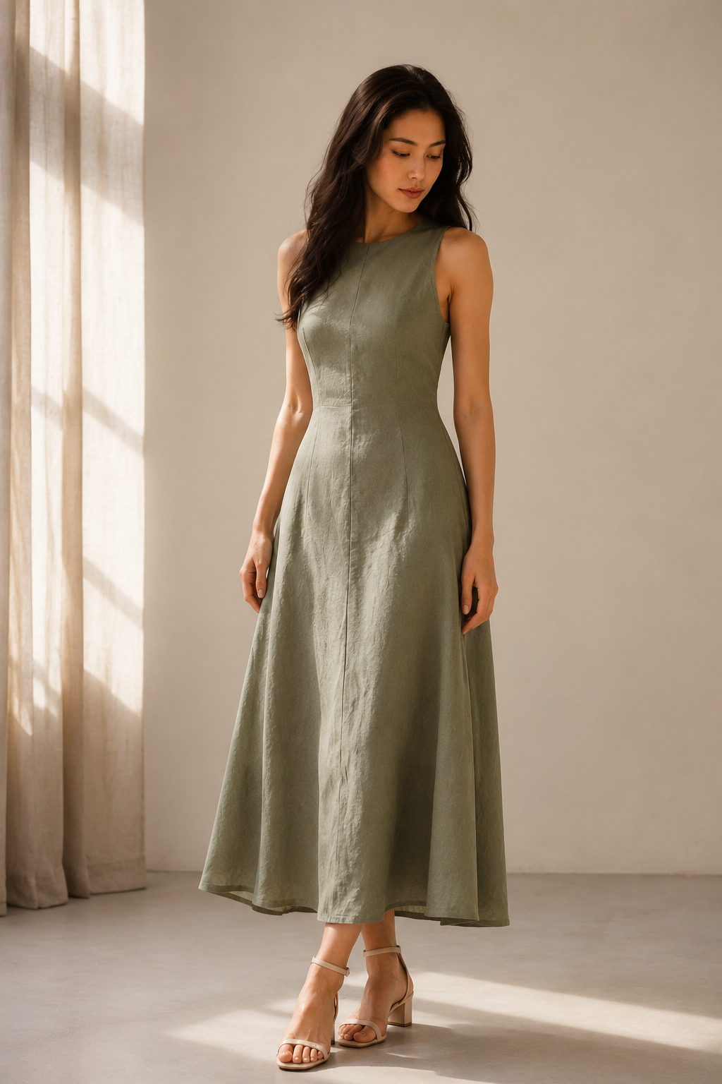 Sage green linen a-line midi dress, three-quarter view, subtle A-line flare and natural drape