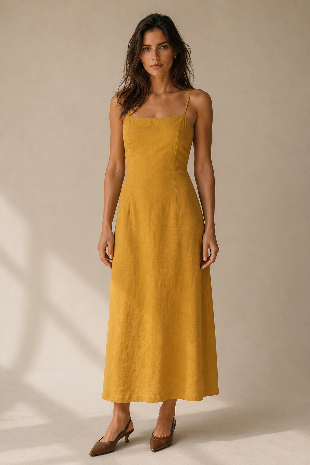 Mustard yellow linen a-line midi dress, full front view, midi length with soft drape