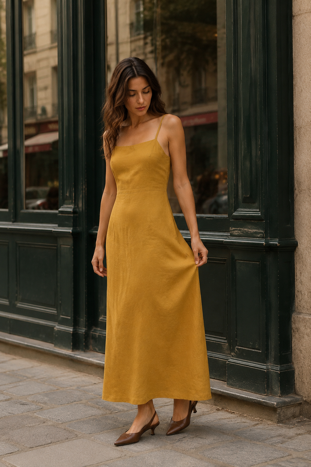 Mustard yellow linen a-line midi dress, front view, straight neckline and flowing A-line