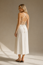 Ivory linen column midi dress, back view, criss-cross straps, open back, tie closure