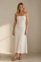 Ivory linen column midi dress, full front view, clean front, natural drape, midi length