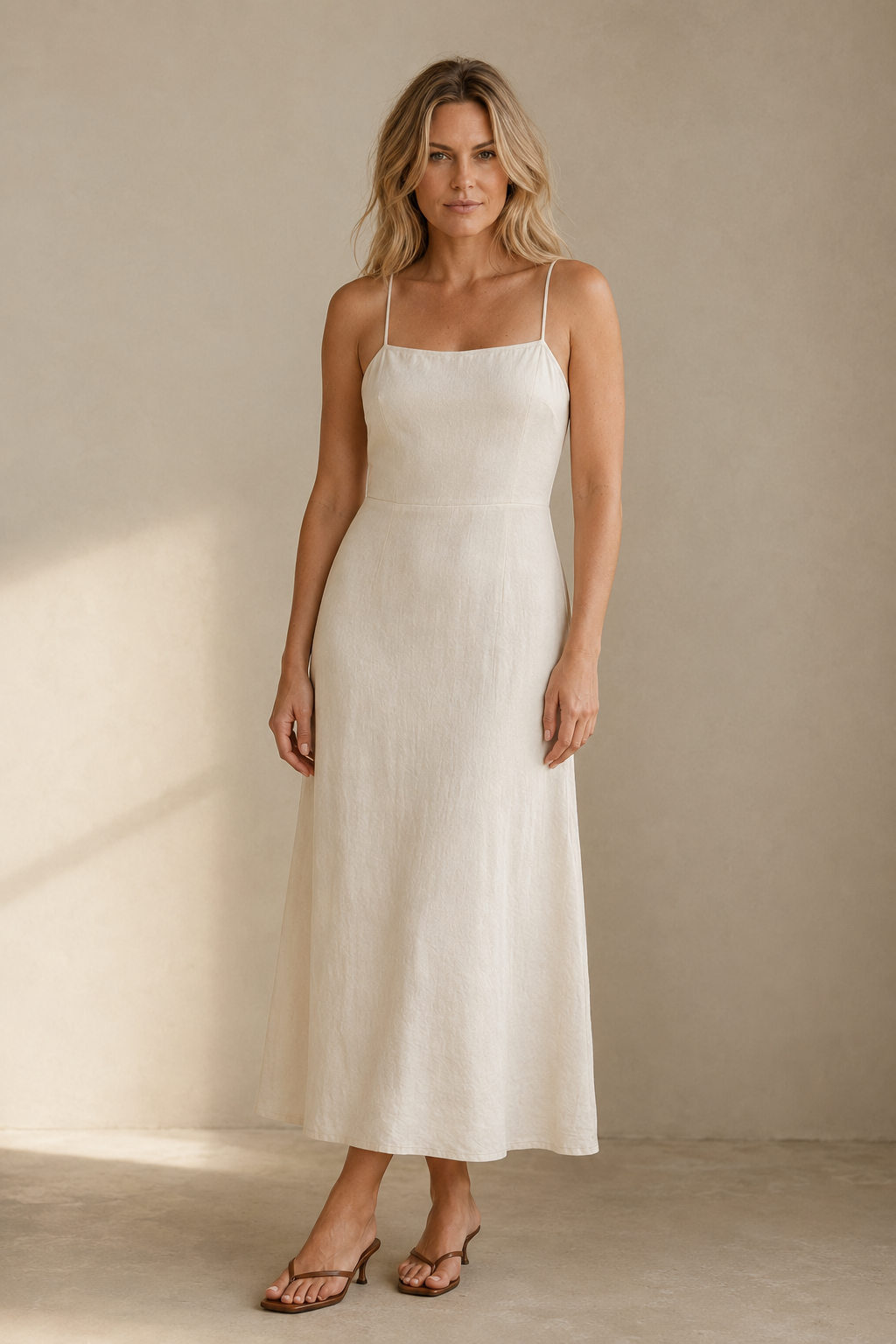 Ivory linen column midi dress, full front view, clean front, natural drape, midi length