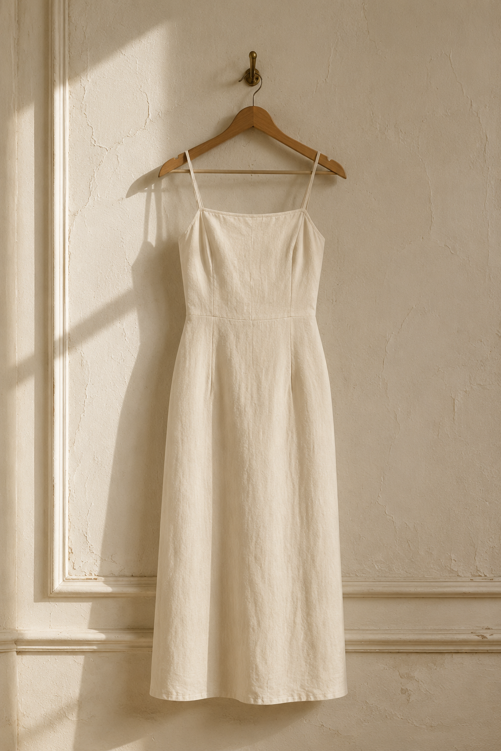 Ivory linen column midi dress, hanging on wooden hanger against plaster wall