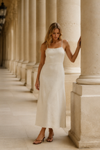 Ivory linen column midi dress, front view, simple front, straight neckline, column silhouette