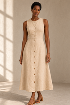Beige linen a-line midi dress, full front view, sleeveless, fitted bodice, flowing midi skirt