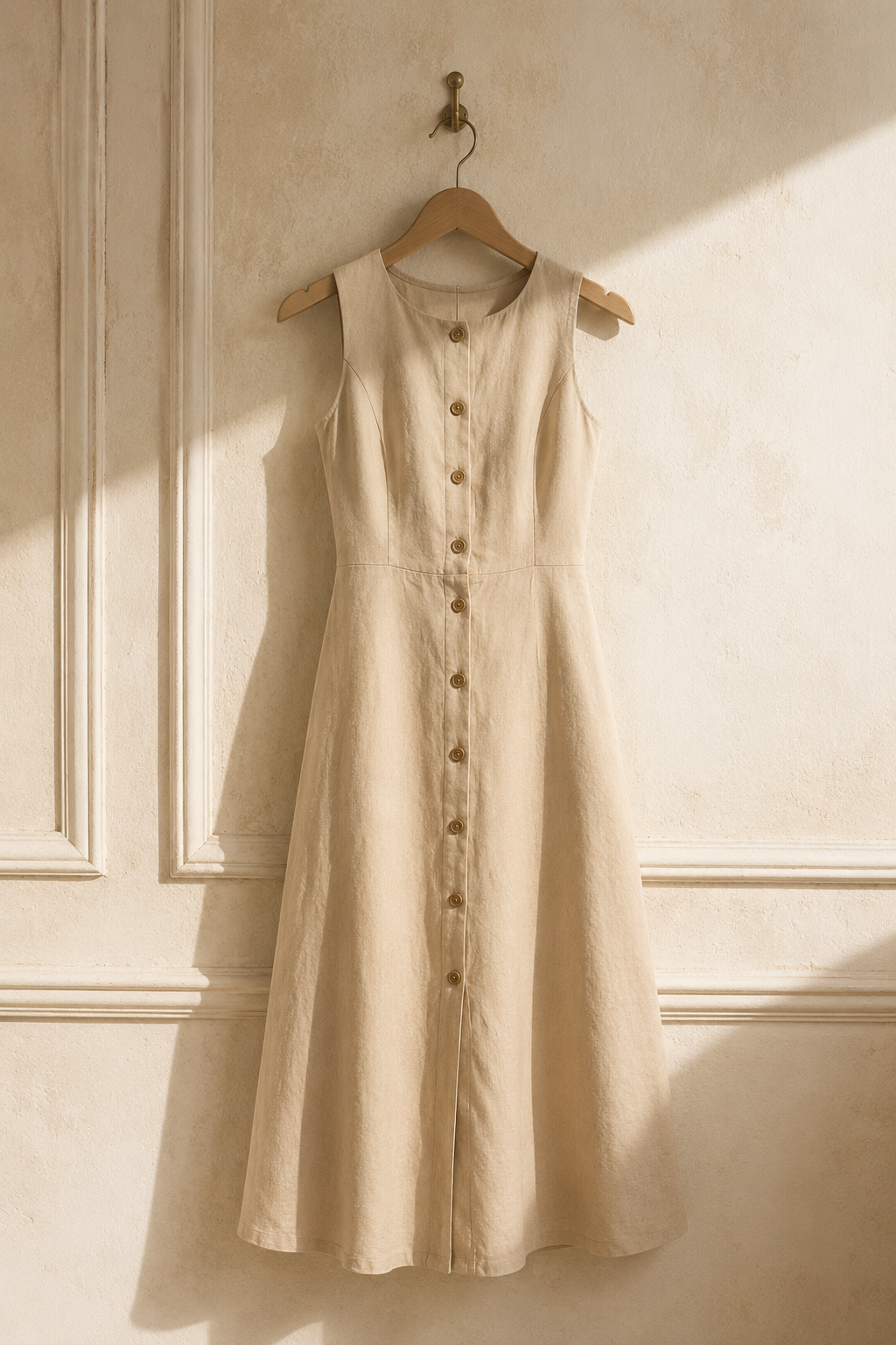 Beige linen a-line midi dress, hanging on wooden hanger against plaster wall
