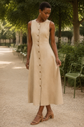 Beige linen a-line midi dress, front view, round neckline, button front, A-line skirt