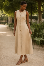Beige linen a-line midi dress, front view, round neckline, button front, A-line skirt