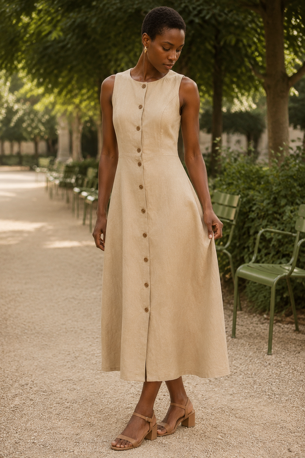Beige linen a-line midi dress, front view, round neckline, button front, A-line skirt