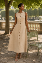 Beige linen a-line midi dress, lifestyle, strolling on a sun-drenched European street