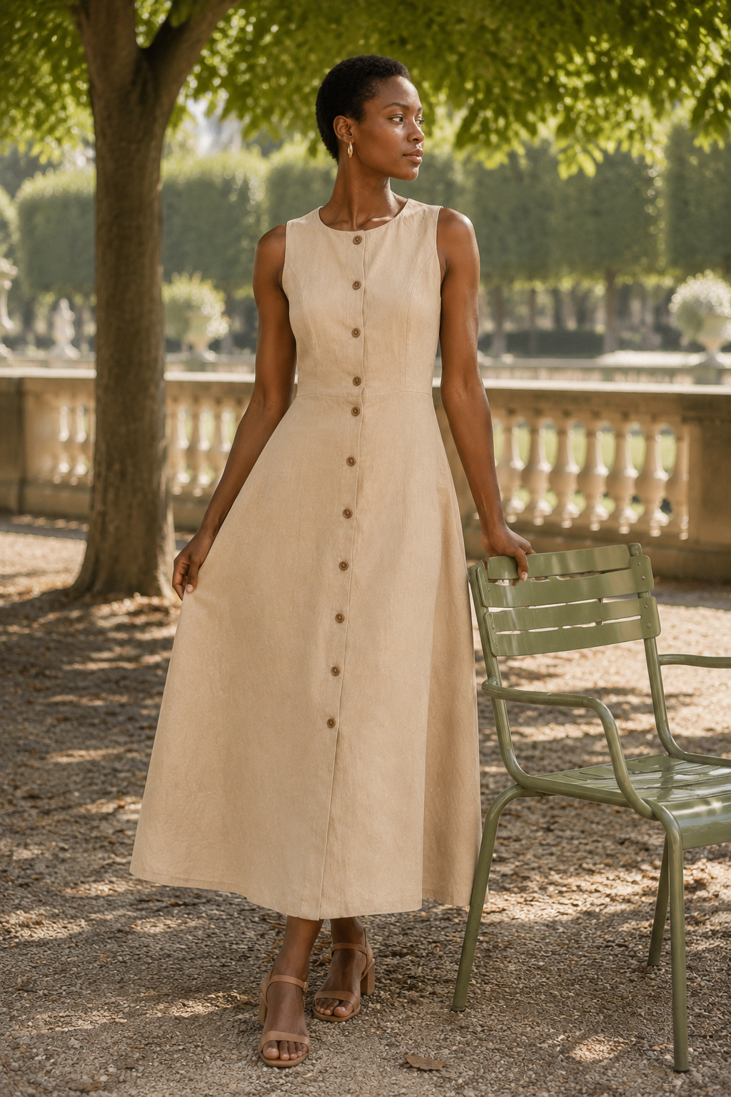 Beige linen a-line midi dress, lifestyle, strolling on a sun-drenched European street