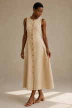 Beige linen a-line midi dress, three-quarter view, natural linen texture, subtle skirt flare