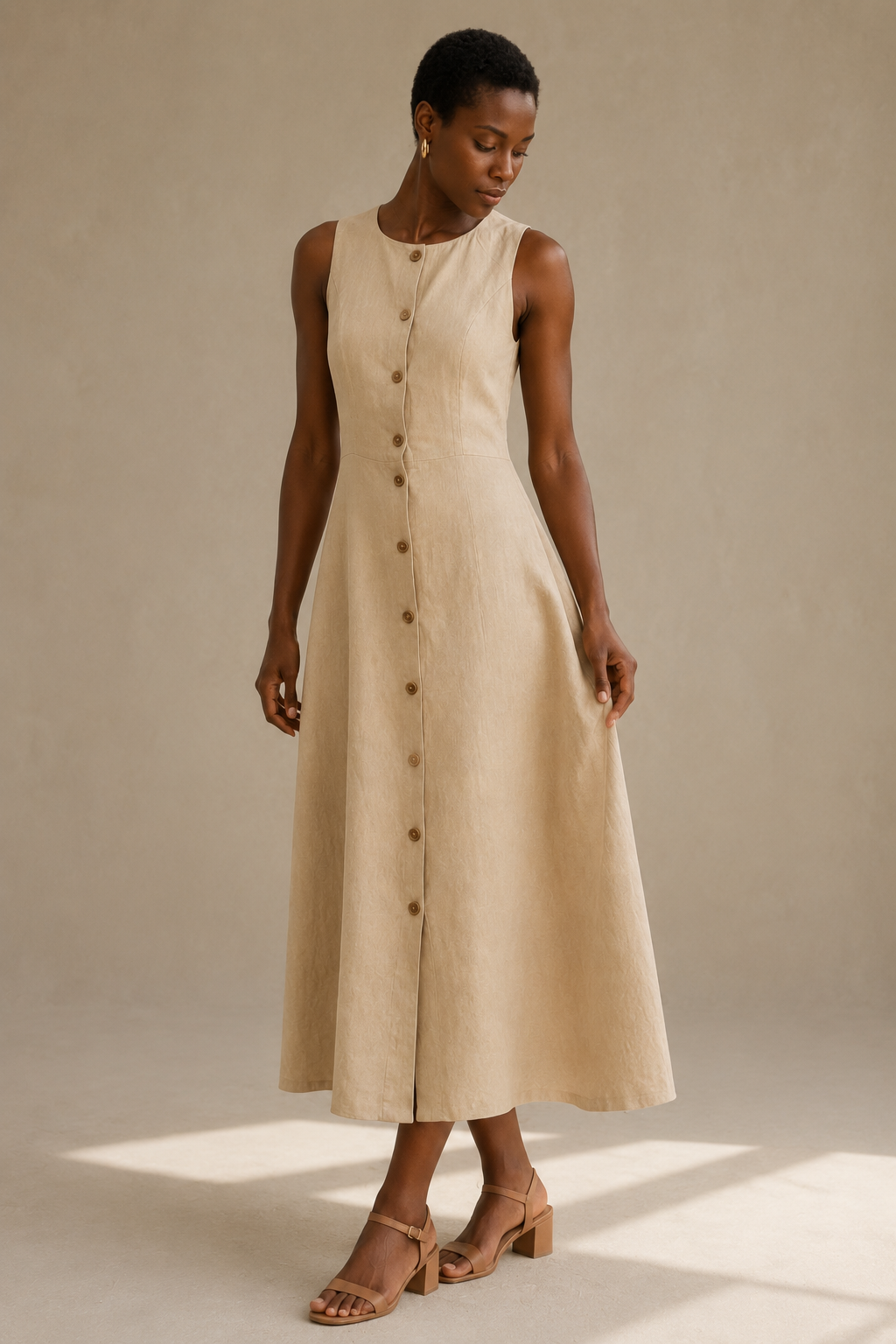 Beige linen a-line midi dress, three-quarter view, natural linen texture, subtle skirt flare