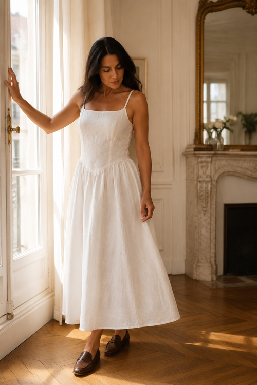 White linen a-line midi dress, front view, spaghetti straps and square neckline