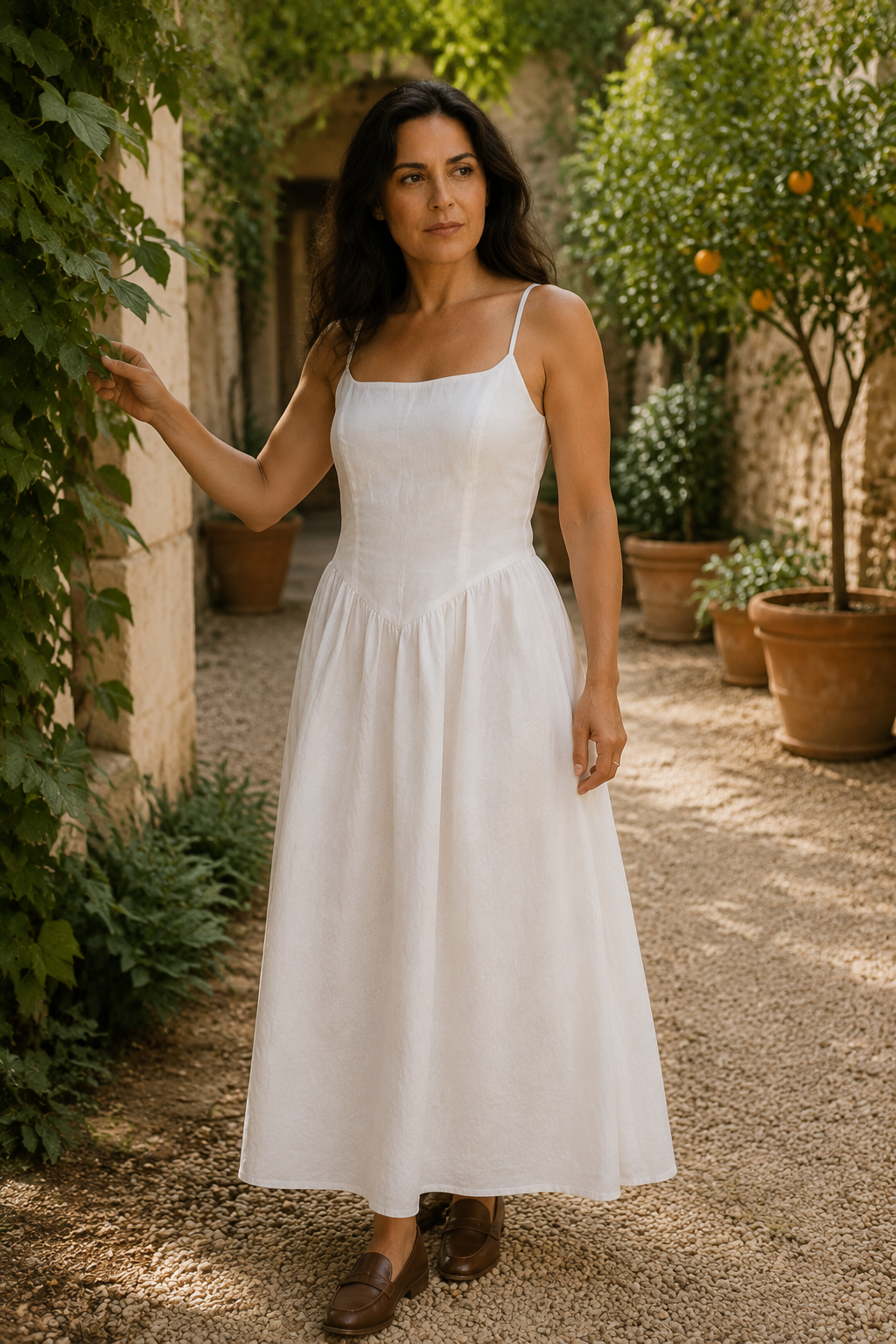 White linen a-line midi dress, lifestyle, quiet moment in warm light