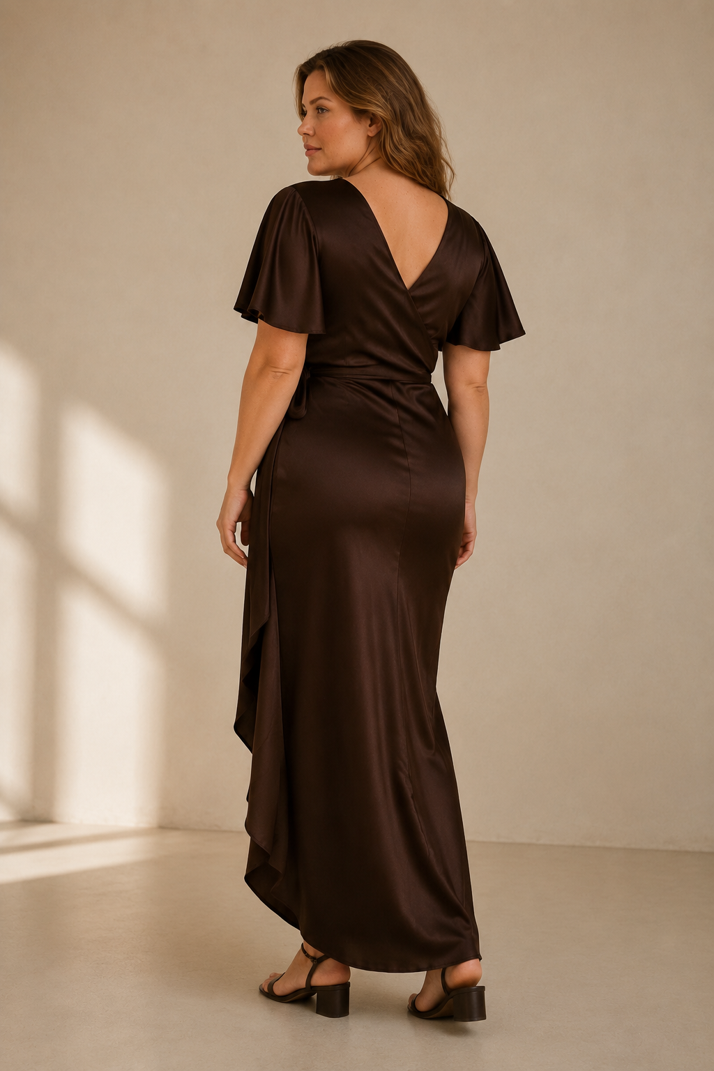 Dark brown silk column midi dress, back view, smooth column silhouette