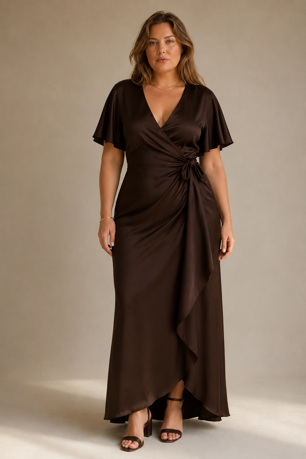 Dark brown silk column midi dress, full front view, column silhouette, midi length