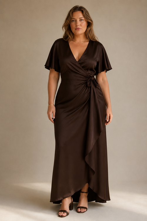 Dark brown silk column midi dress, full front view, column silhouette, midi length