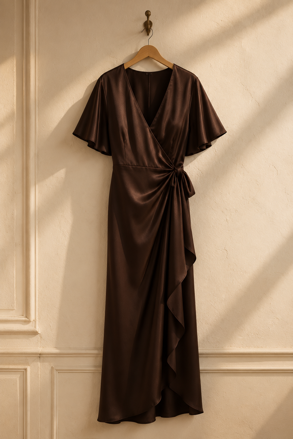 Dark brown silk column midi dress, hanging on wooden hanger against plaster wall