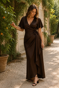 Dark brown silk column midi dress, front view, V neckline and short sleeves