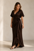 Dark brown silk column midi dress, three-quarter view, fluid silk drape, defined waist
