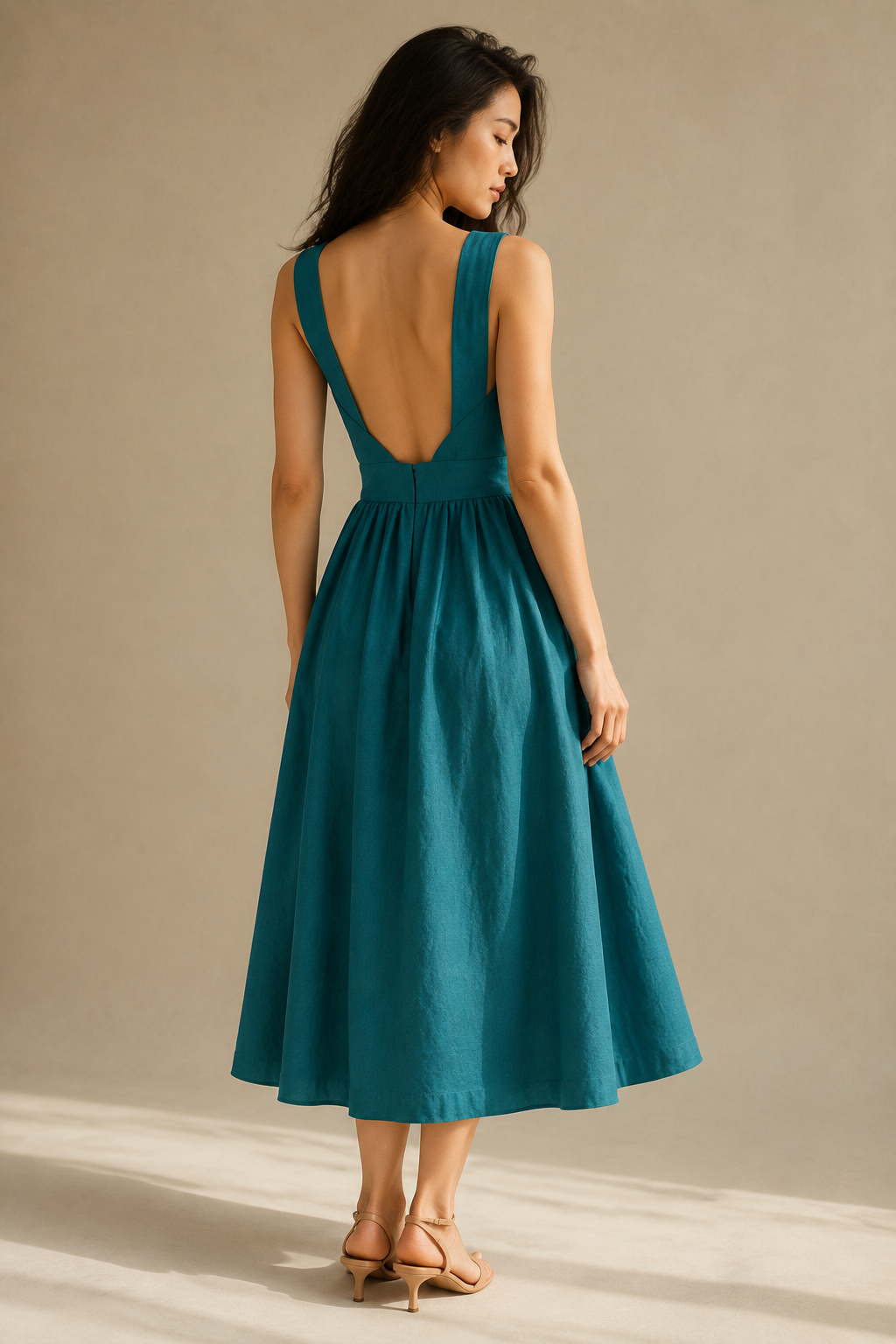 Teal linen a-line midi dress, back view, deep V back, wide straps