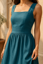 Teal linen a-line midi dress, fabric detail, flax weave in raking light